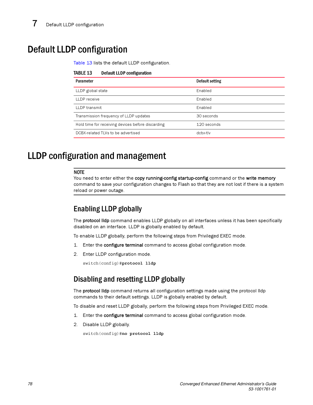 Brocade Communications Systems 53-1001761-01 manual Default Lldp configuration, Lldp configuration and management 