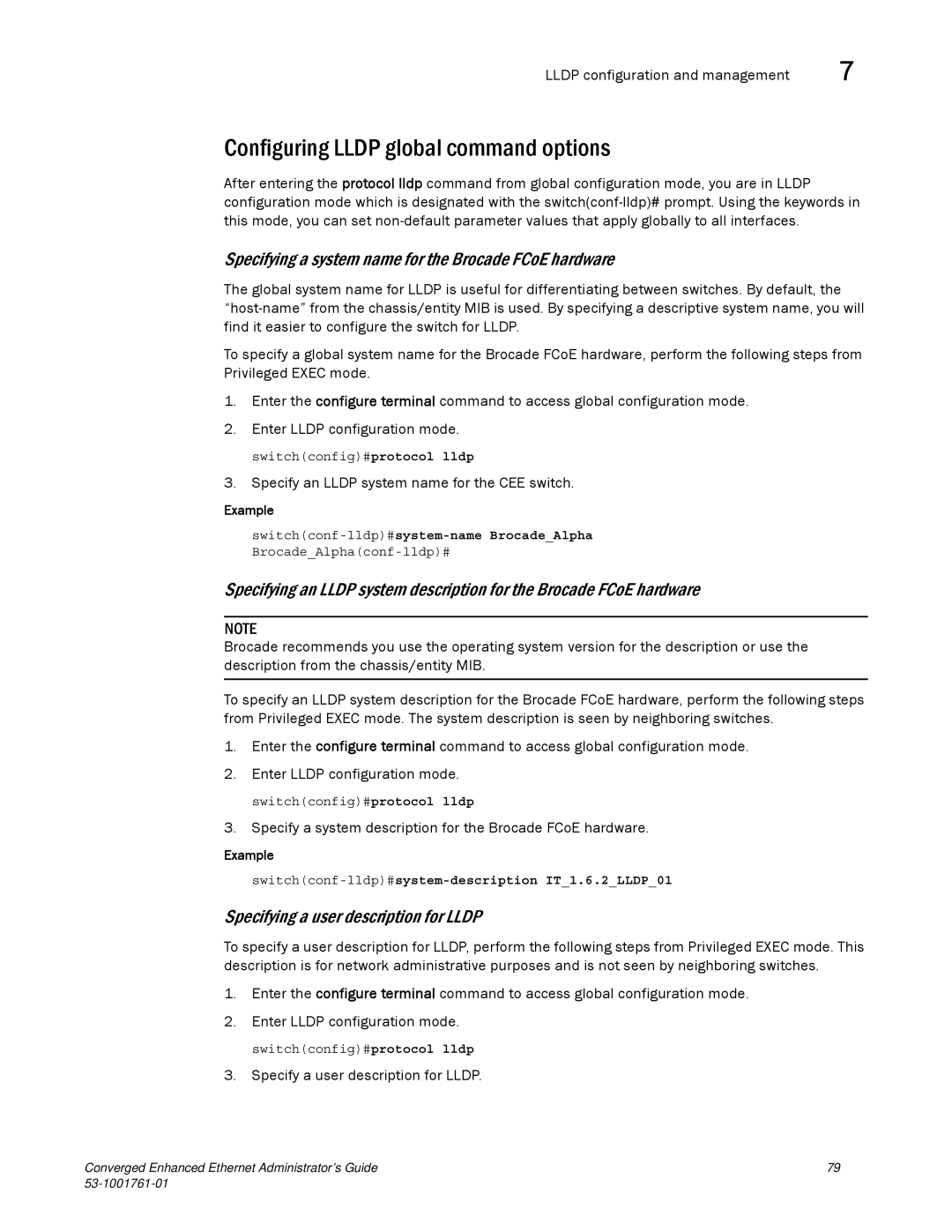 Brocade Communications Systems 53-1001761-01 manual Configuring Lldp global command options 