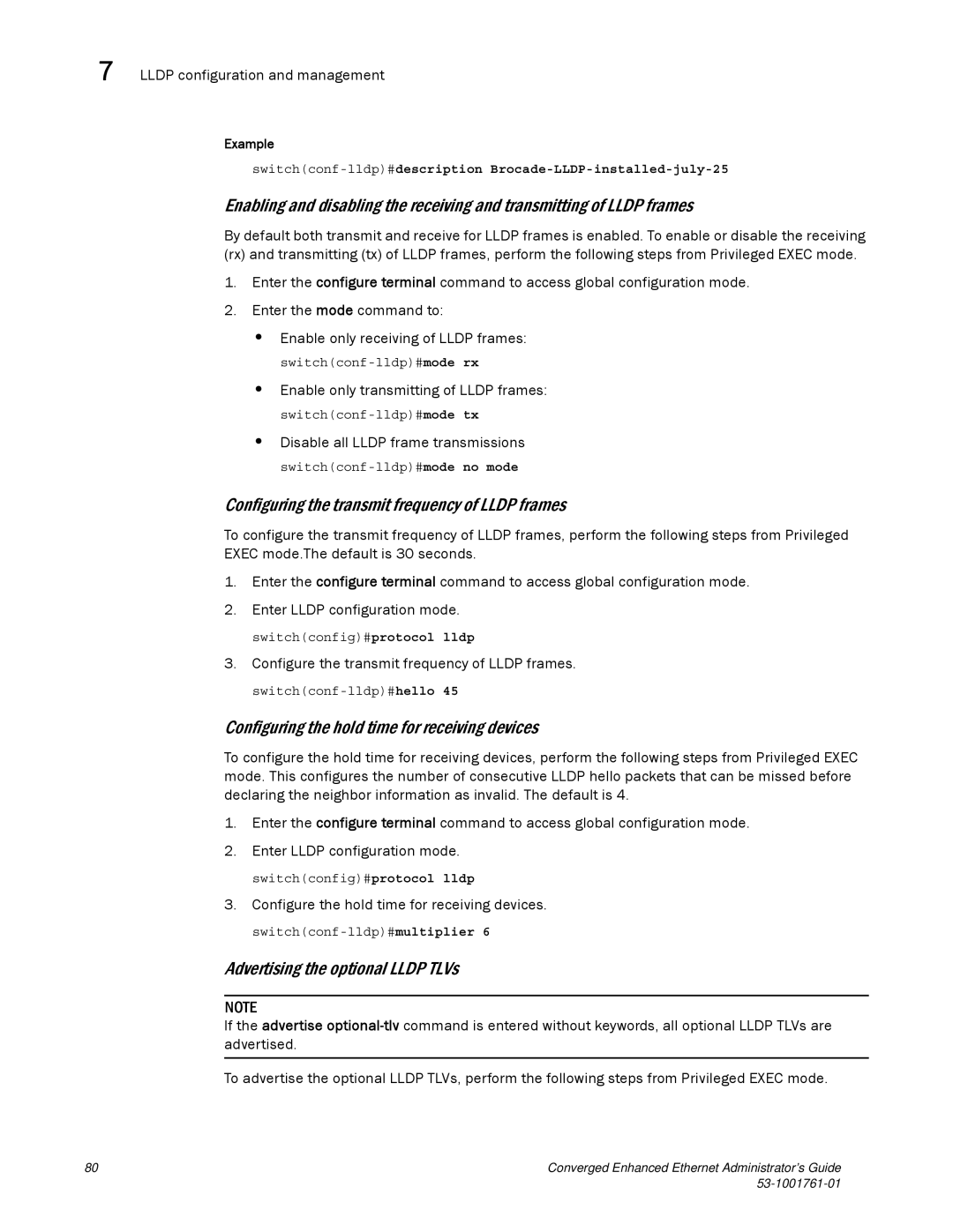 Brocade Communications Systems 53-1001761-01 manual Configuring the transmit frequency of Lldp frames 