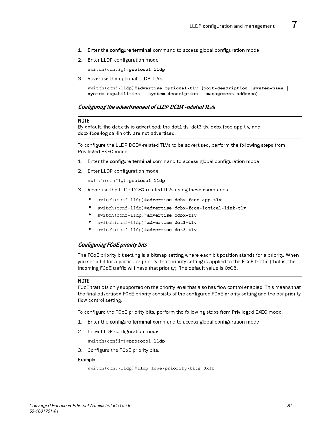 Brocade Communications Systems 53-1001761-01 manual Configuring the advertisement of Lldp Dcbx -related TLVs 