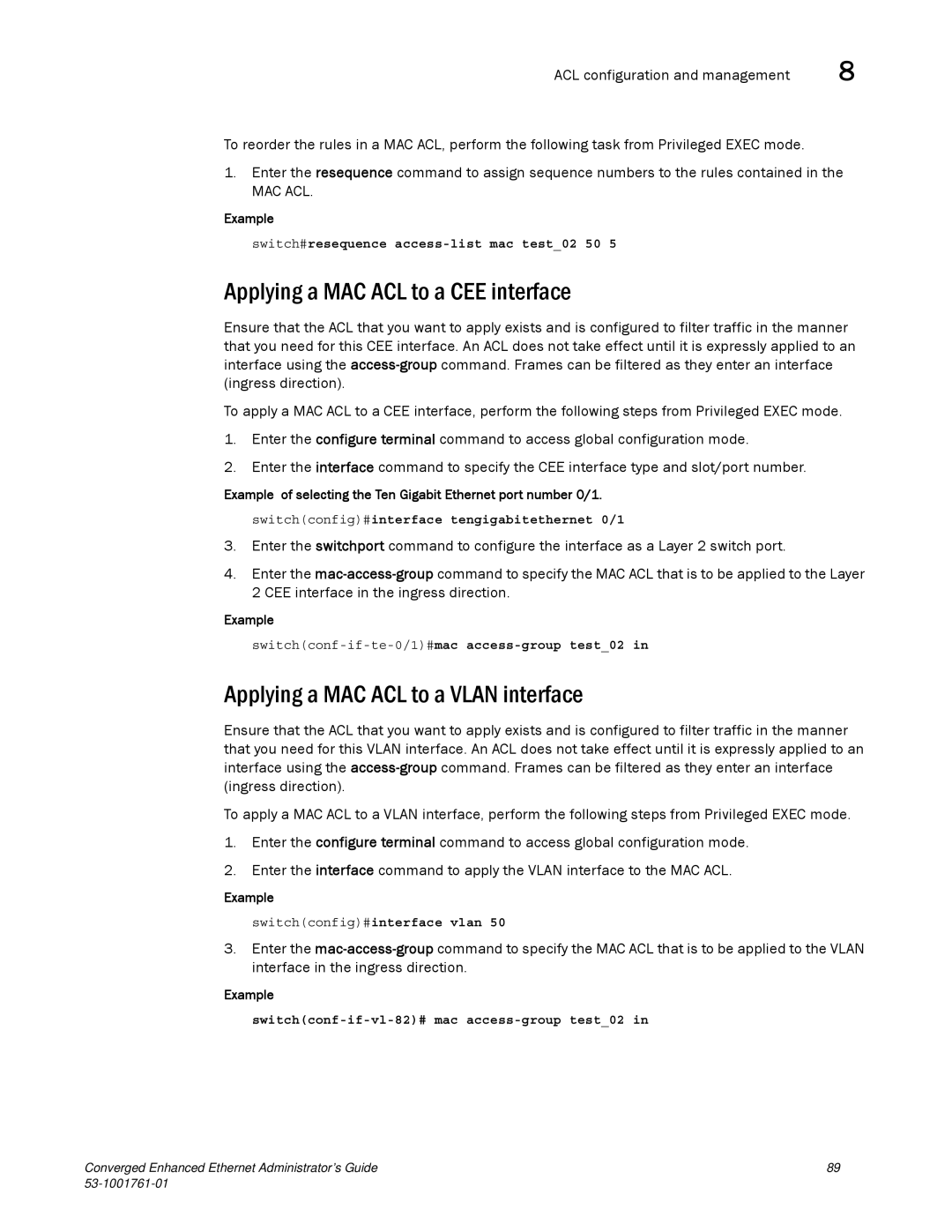 Brocade Communications Systems 53-1001761-01 Applying a MAC ACL to a CEE interface, Applying a MAC ACL to a Vlan interface 