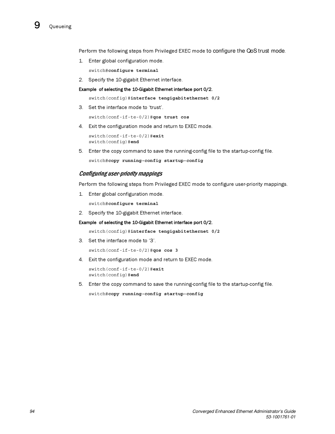 Brocade Communications Systems 53-1001761-01 Configuring user-priority mappings, Specify the 10-gigabit Ethernet interface 