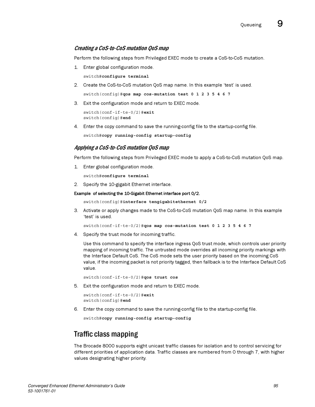 Brocade Communications Systems 53-1001761-01 manual Traffic class mapping, Creating a CoS-to-CoS mutation QoS map, Queueing 