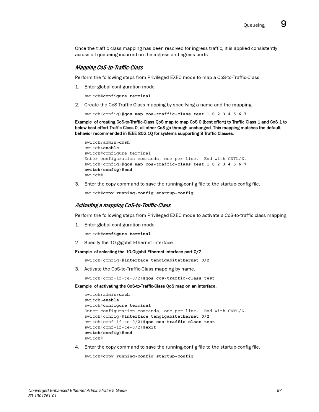 Brocade Communications Systems 53-1001761-01 manual Mapping CoS-to-Traffic-Class, Activating a mapping CoS-to-Traffic-Class 