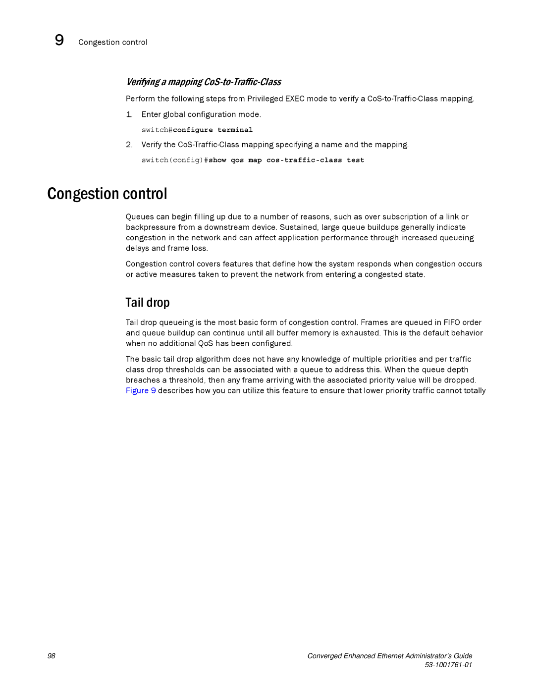 Brocade Communications Systems 53-1001761-01 manual Congestion control, Tail drop, Verifying a mapping CoS-to-Traffic-Class 