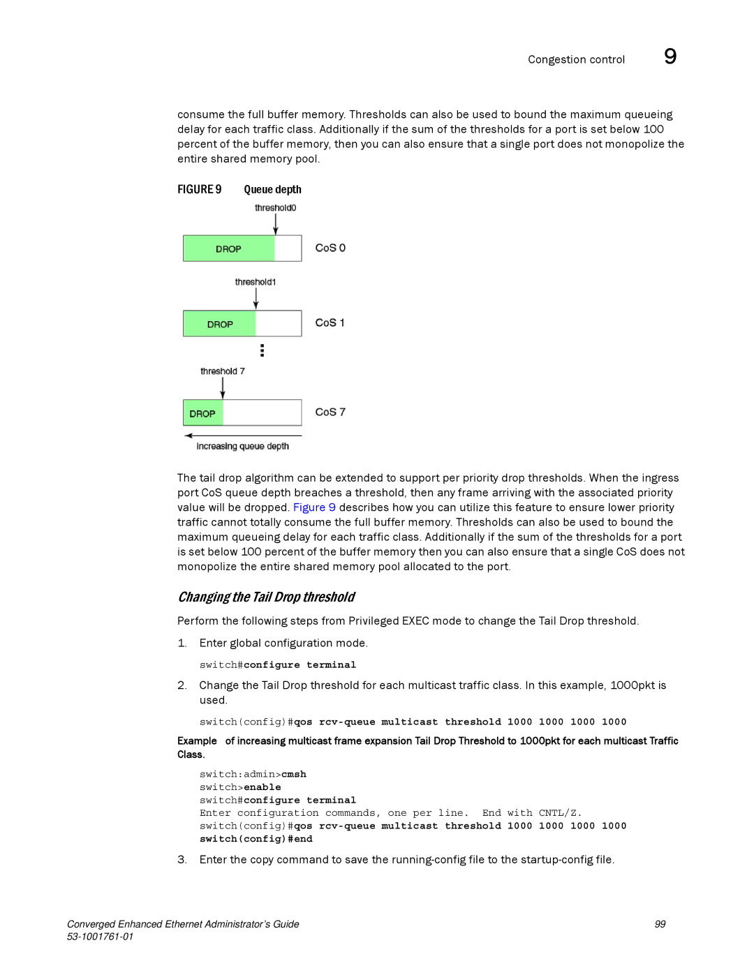 Brocade Communications Systems 53-1001761-01 manual Changing the Tail Drop threshold 