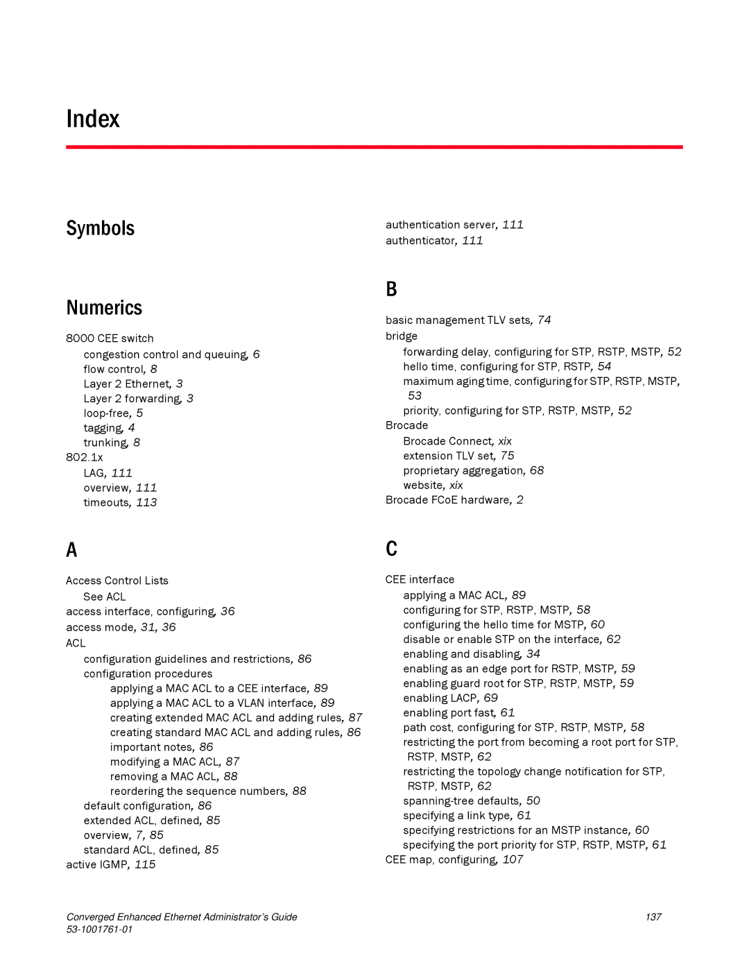 Brocade Communications Systems 53-1001761-01 manual Index, Symbols Numerics 