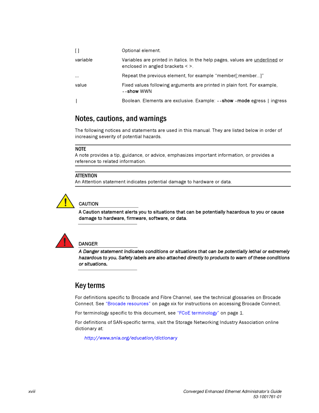 Brocade Communications Systems 53-1001761-01 manual Key terms, Optional element, Enclosed in angled brackets, Value 