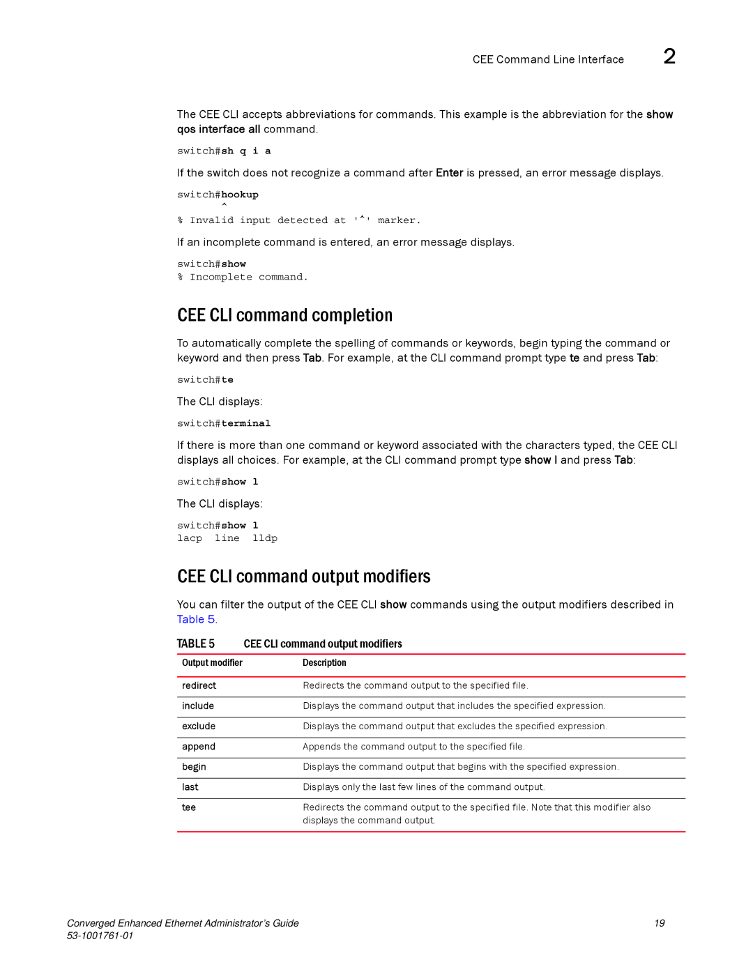 Brocade Communications Systems 53-1001761-01 manual CEE CLI command completion, CEE CLI command output modifiers 