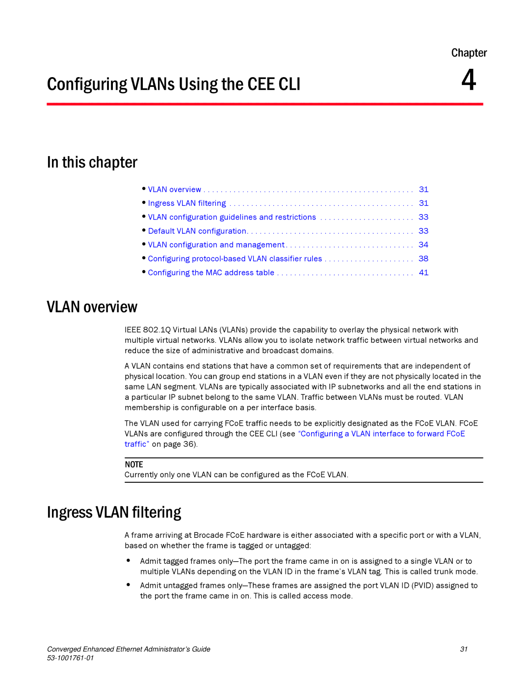 Brocade Communications Systems 53-1001761-01 Configuring VLANs Using the CEE CLI, Vlan overview, Ingress Vlan filtering 