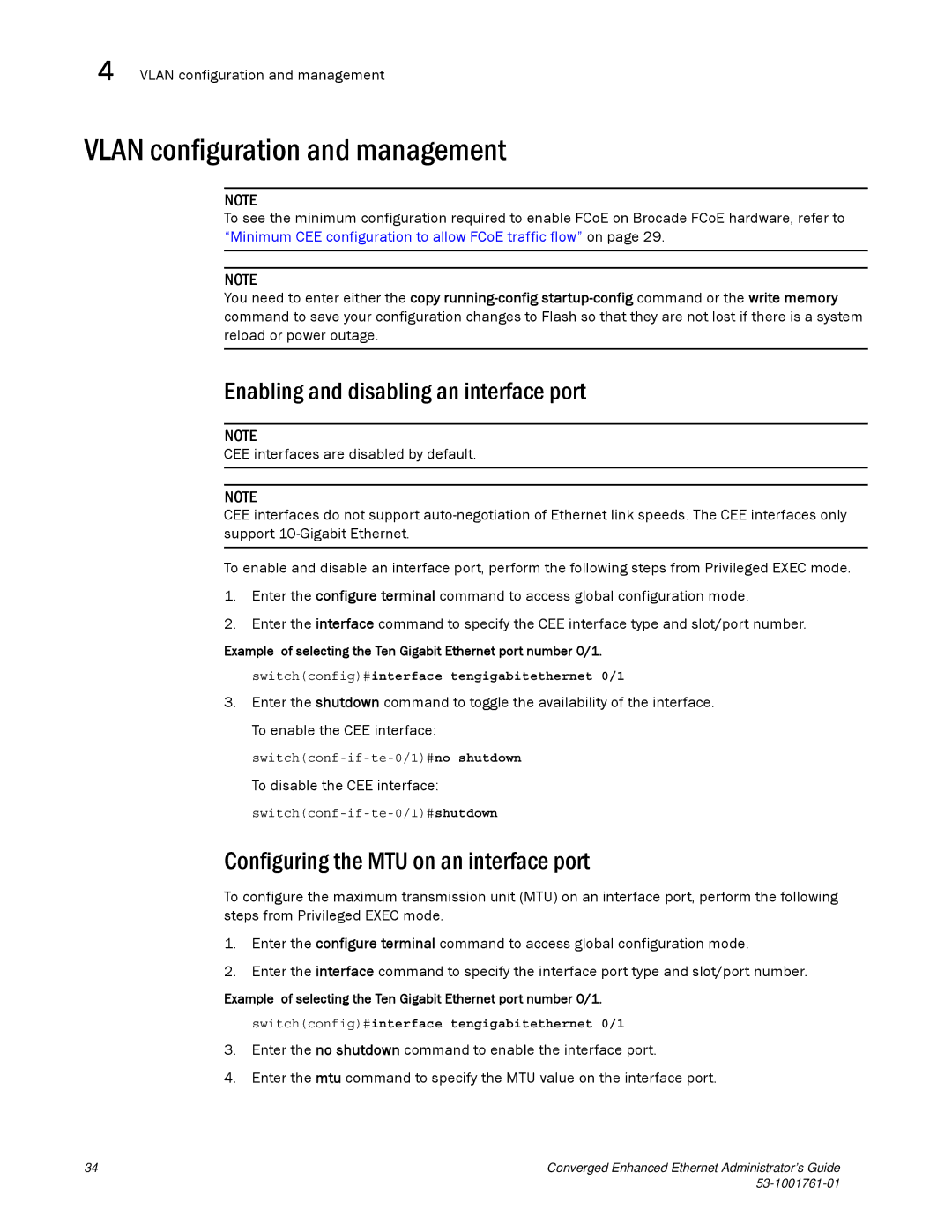 Brocade Communications Systems 53-1001761-01 Vlan configuration and management, Enabling and disabling an interface port 