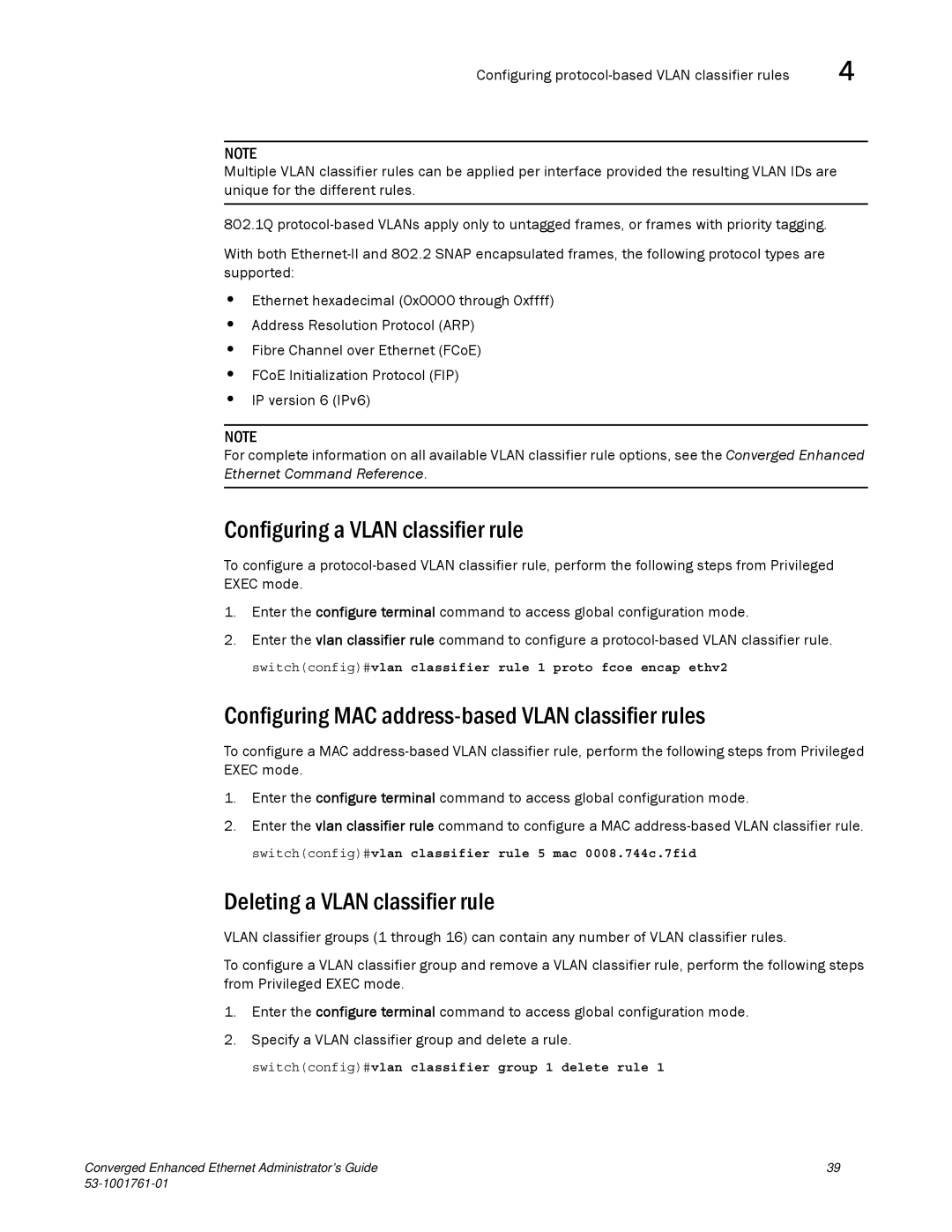 Brocade Communications Systems 53-1001761-01 manual Configuring a Vlan classifier rule, Deleting a Vlan classifier rule 