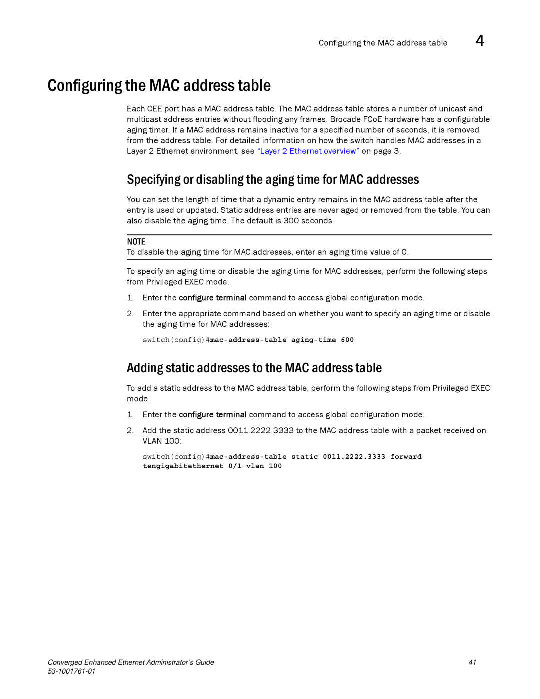 Brocade Communications Systems 53-1001761-01 manual Configuring the MAC address table 