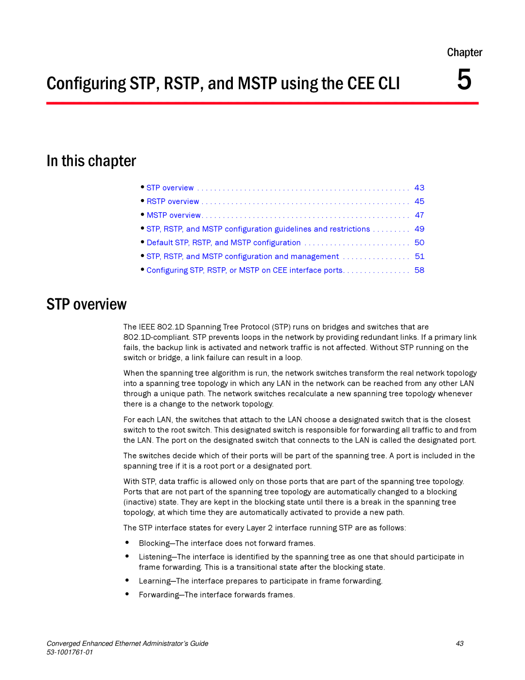 Brocade Communications Systems 53-1001761-01 manual Configuring STP, RSTP, and Mstp using the CEE CLI, STP overview 