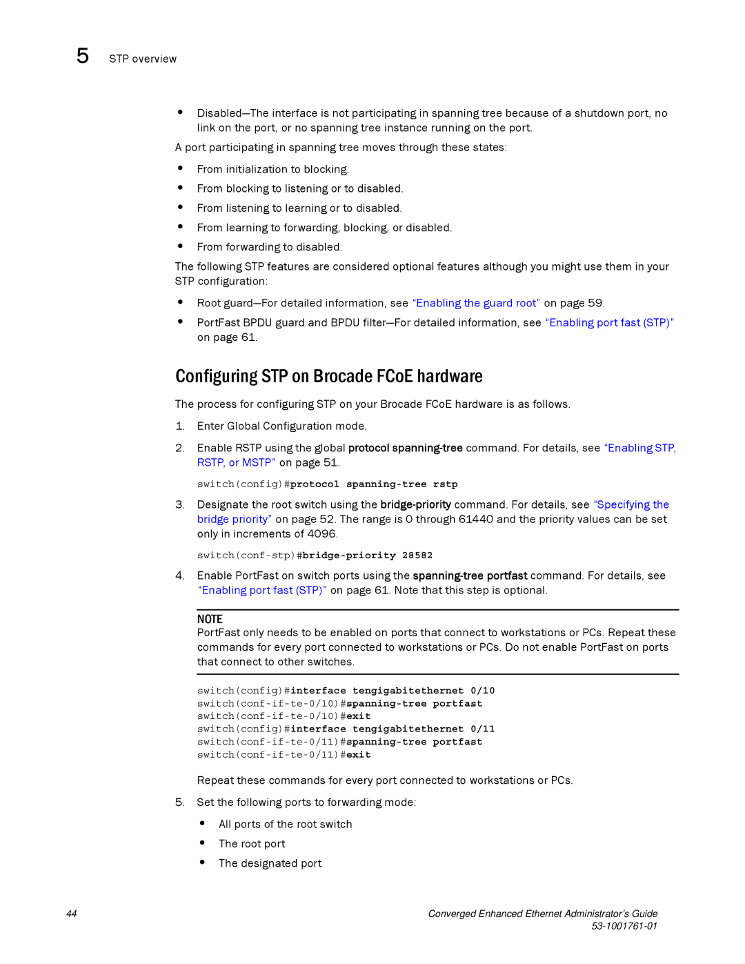 Brocade Communications Systems 53-1001761-01 manual Configuring STP on Brocade FCoE hardware 