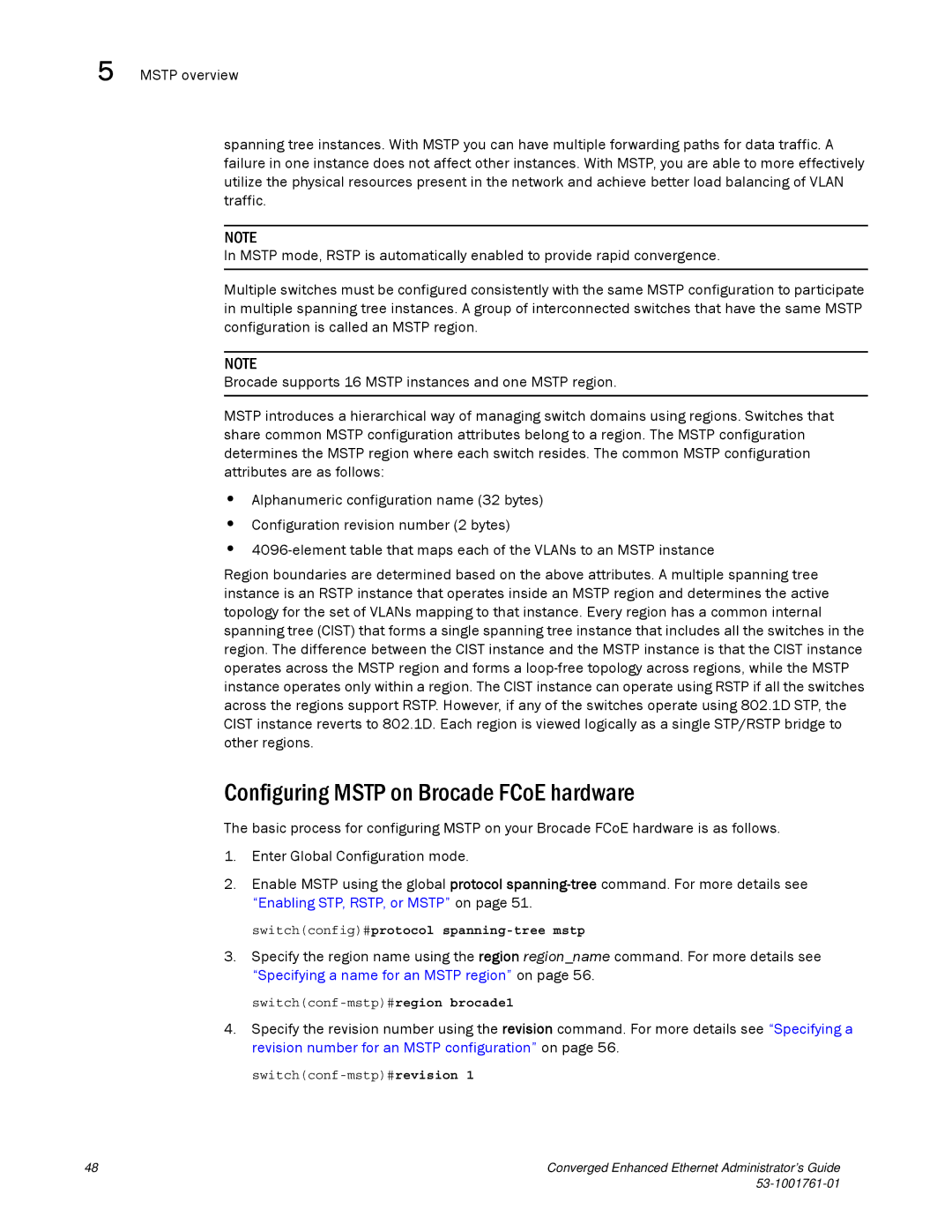 Brocade Communications Systems 53-1001761-01 manual Configuring Mstp on Brocade FCoE hardware 