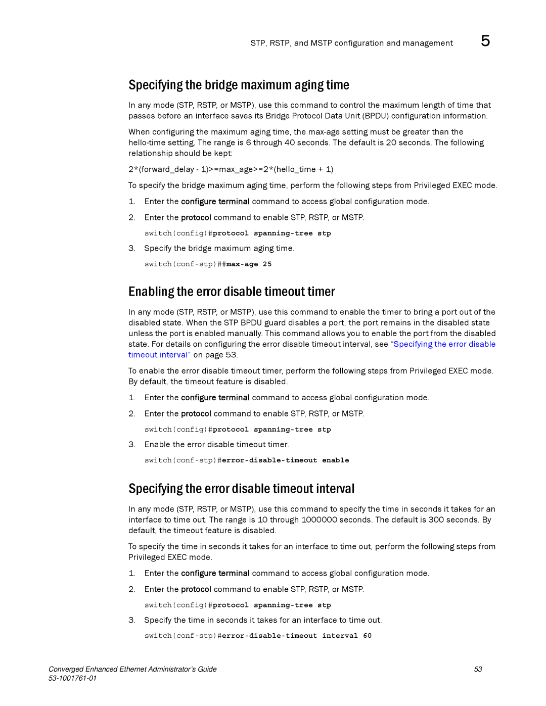 Brocade Communications Systems 53-1001761-01 manual Specifying the bridge maximum aging time 