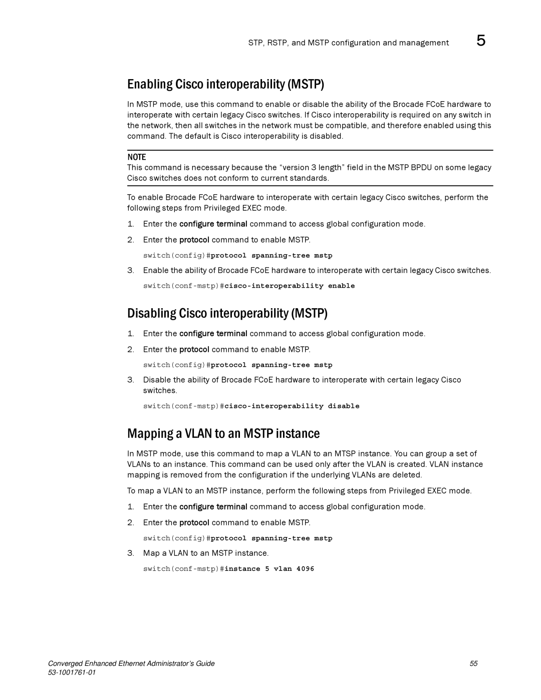 Brocade Communications Systems 53-1001761-01 Enabling Cisco interoperability Mstp, Disabling Cisco interoperability Mstp 