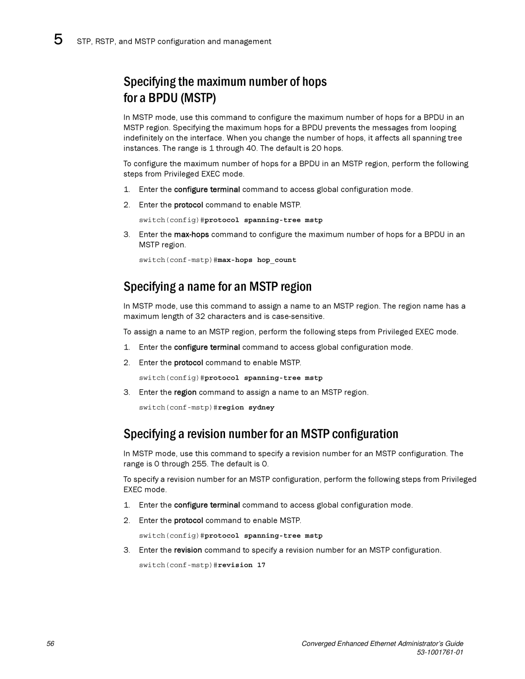 Brocade Communications Systems 53-1001761-01 manual Specifying the maximum number of hops for a Bpdu Mstp 