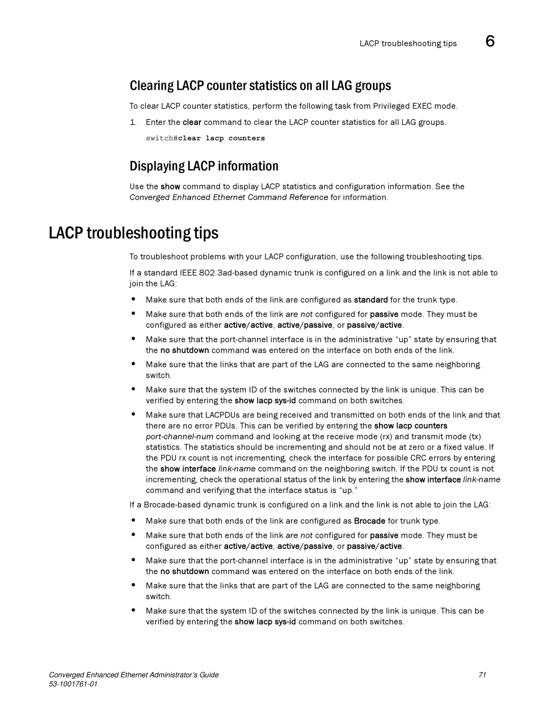 Brocade Communications Systems 53-1001761-01 Lacp troubleshooting tips, Clearing Lacp counter statistics on all LAG groups 