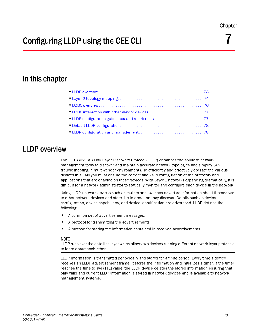 Brocade Communications Systems 53-1001761-01 manual Configuring Lldp using the CEE CLI, Lldp overview 