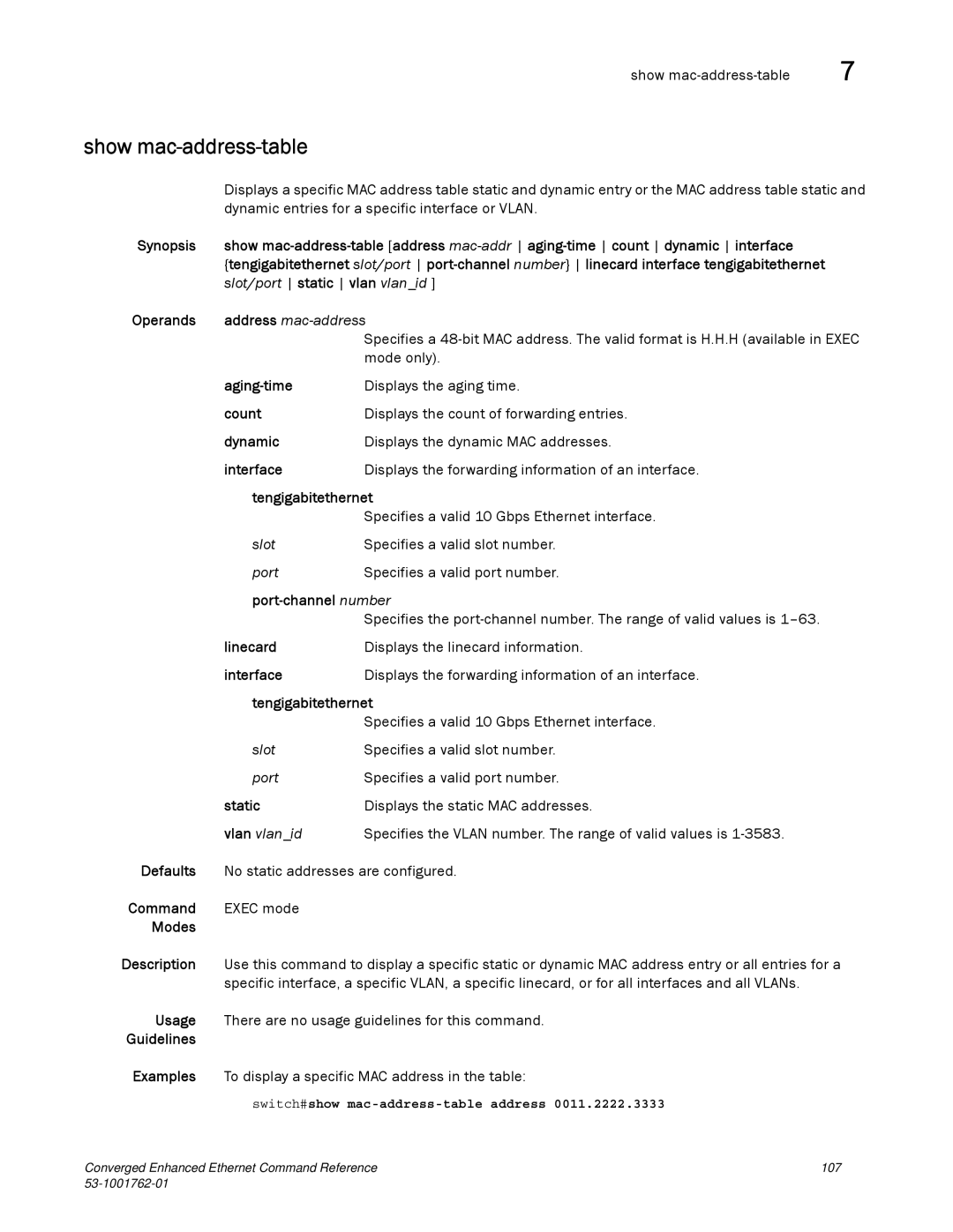 Brocade Communications Systems 53-1001762-01 manual Show mac-address-table, Aging-time, Count, Linecard, Static 