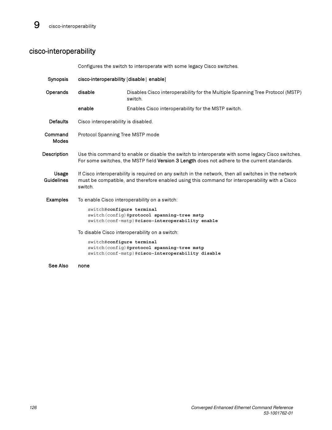 Brocade Communications Systems 53-1001762-01 manual Cisco-interoperability, To disable Cisco interoperability on a switch 