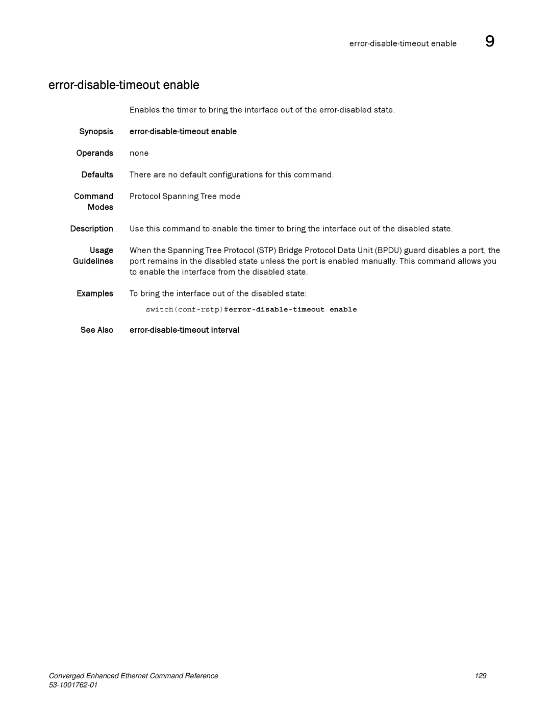 Brocade Communications Systems 53-1001762-01 manual Error-disable-timeout enable, See Also Error-disable-timeout interval 