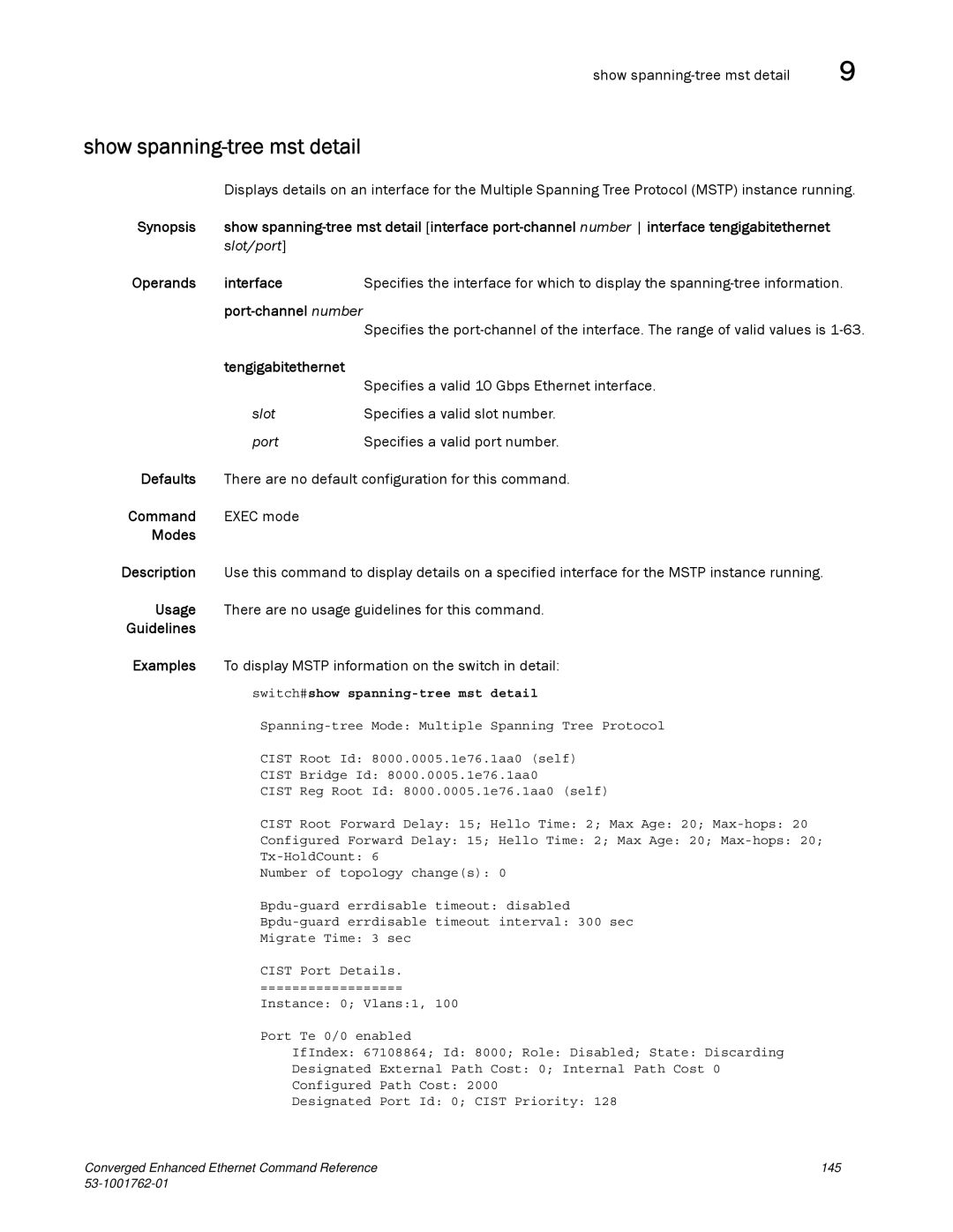 Brocade Communications Systems 53-1001762-01 manual Show spanning-tree mst detail, Switch#show spanning-tree mst detail 