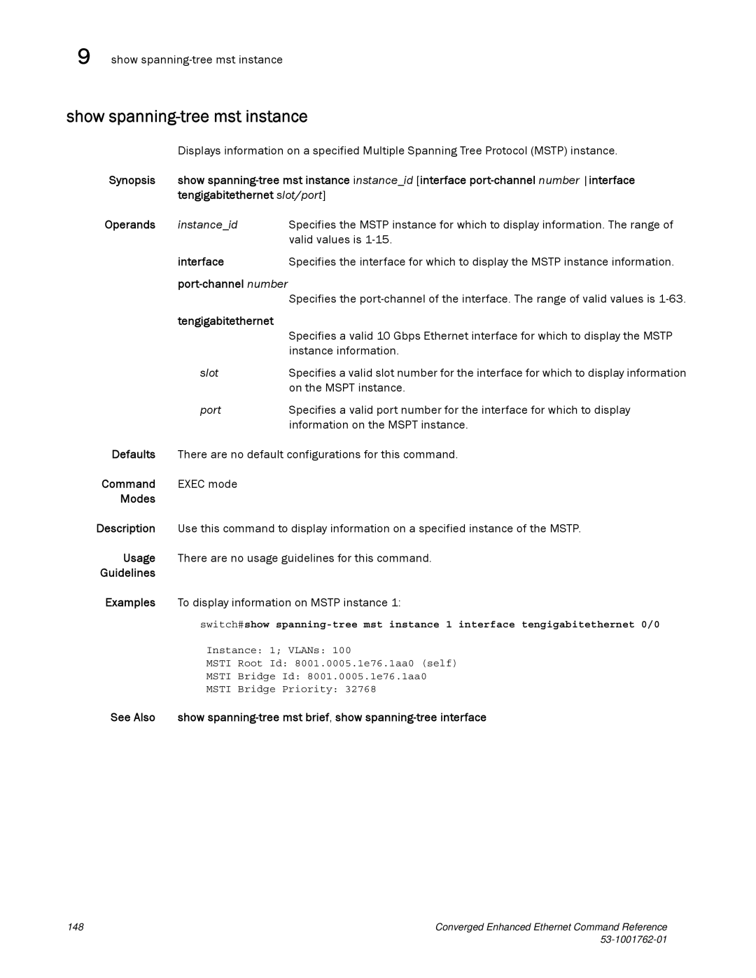 Brocade Communications Systems 53-1001762-01 manual Show spanning-tree mst instance 