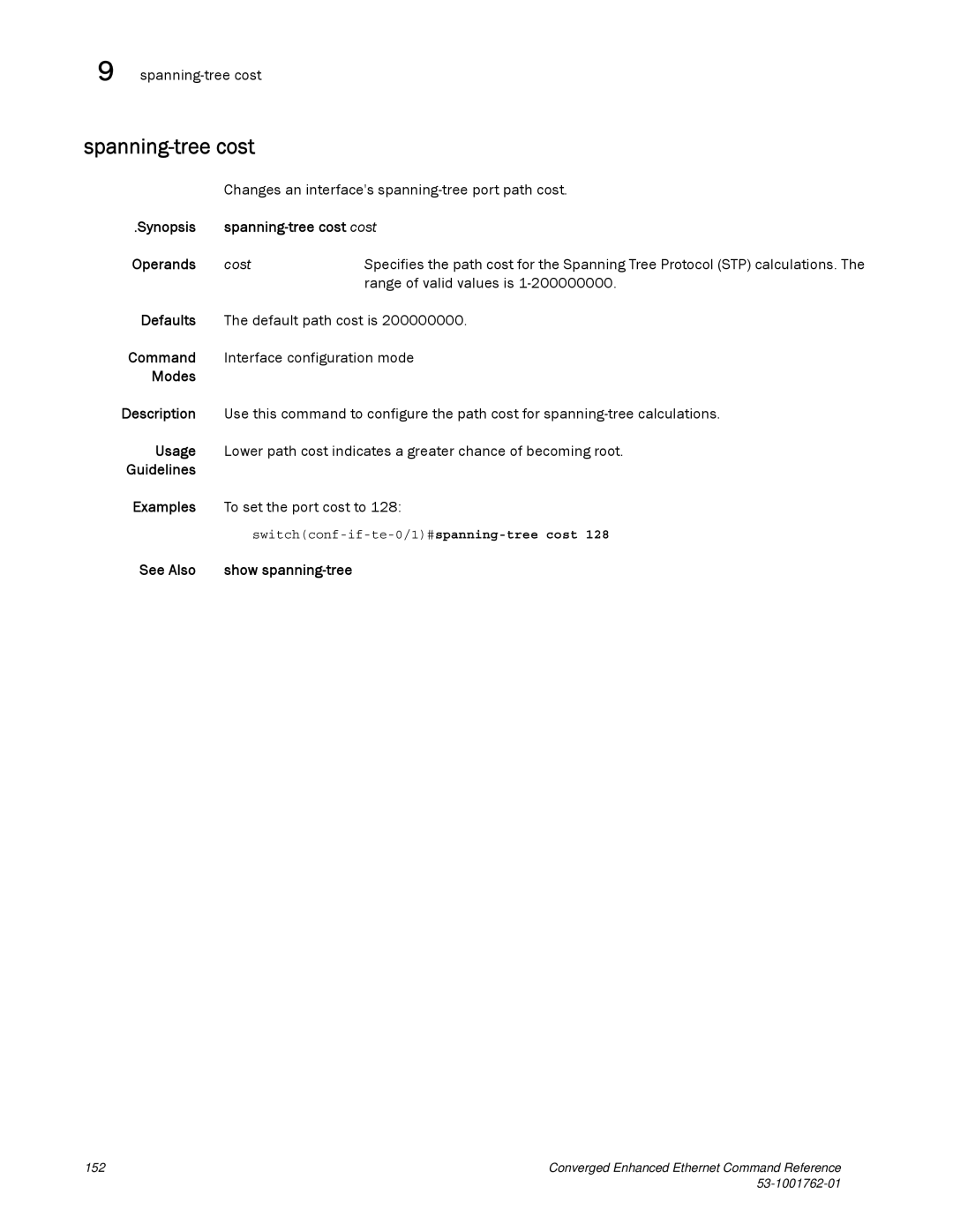 Brocade Communications Systems 53-1001762-01 manual Synopsis Spanning-tree cost cost Operands, Cost 