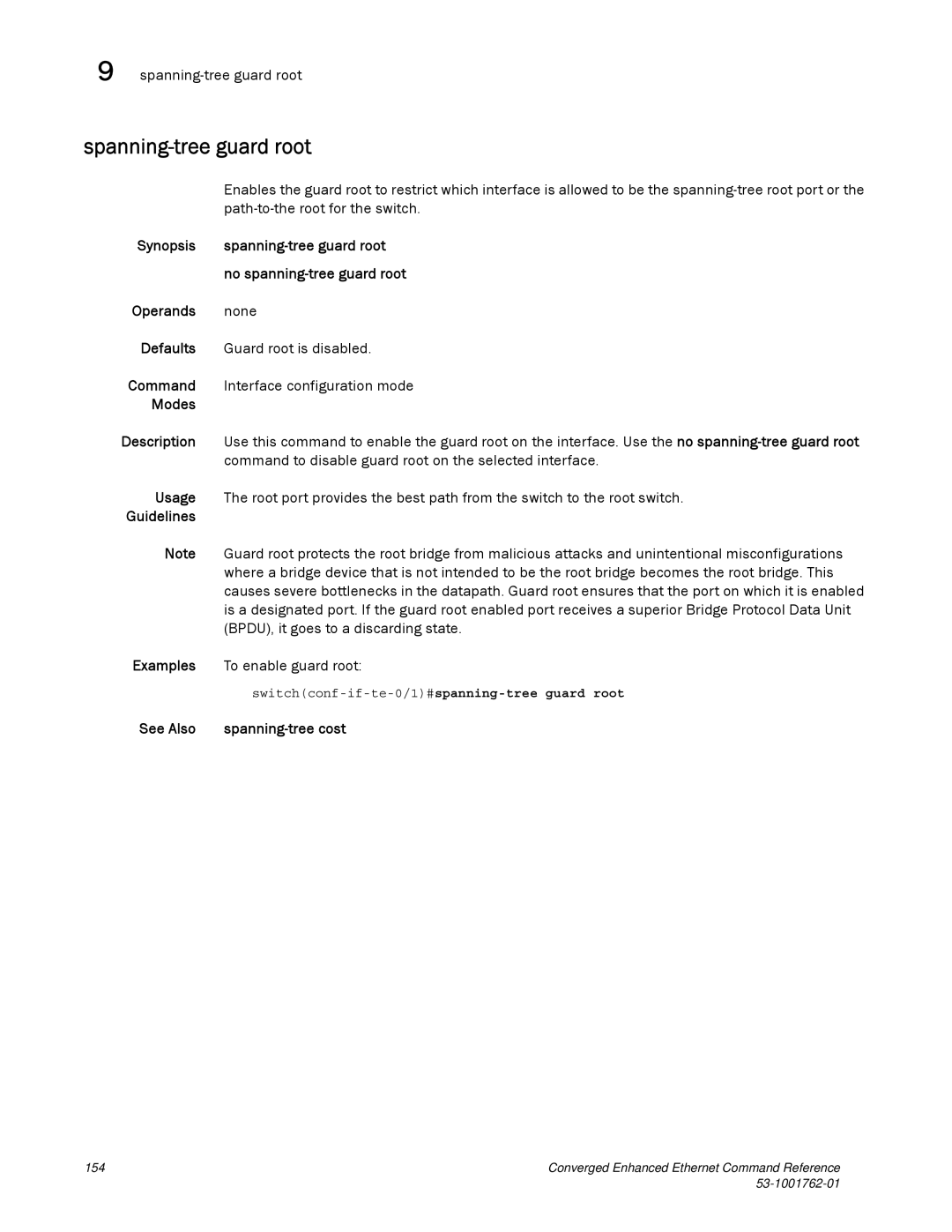 Brocade Communications Systems 53-1001762-01 manual Spanning-tree guard root, Path-to-the root for the switch 