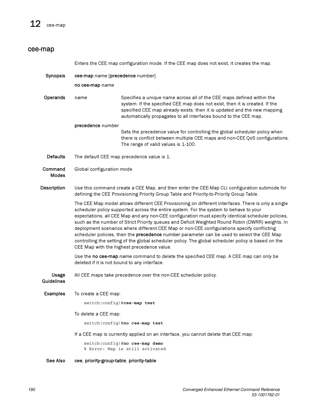 Brocade Communications Systems 53-1001762-01 manual Cee-map, Precedence number 