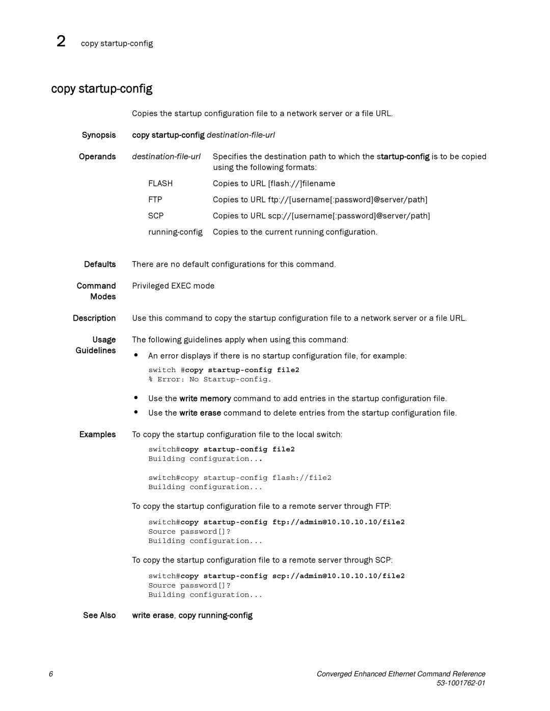 Brocade Communications Systems 53-1001762-01 manual Copy startup-config, Destination-file-url 