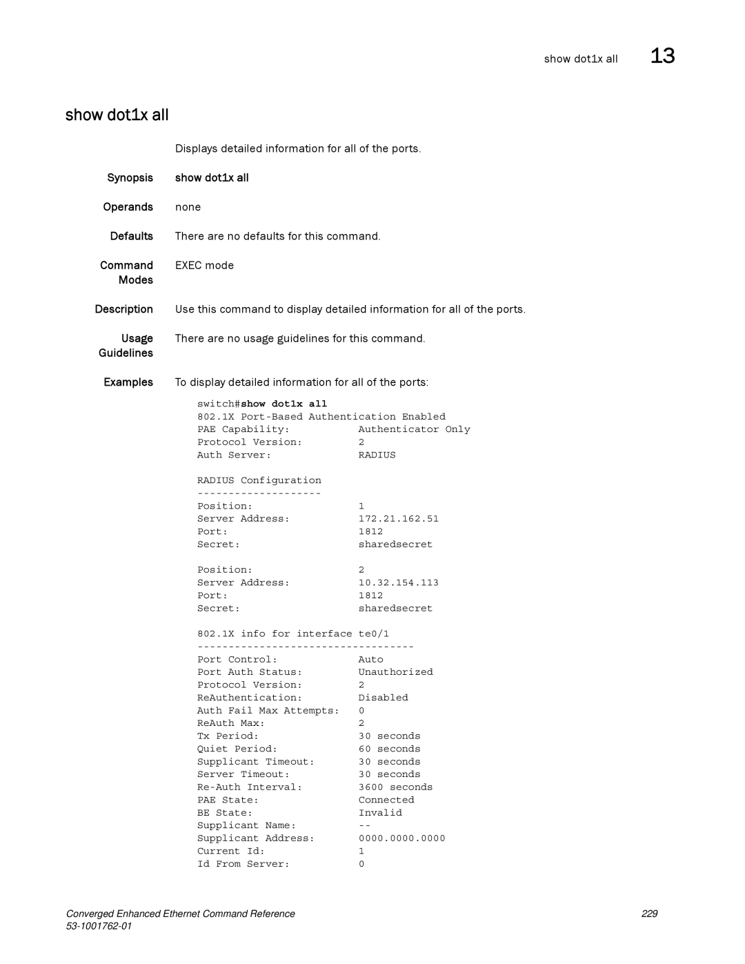 Brocade Communications Systems 53-1001762-01 manual Show dot1x all, Displays detailed information for all of the ports 