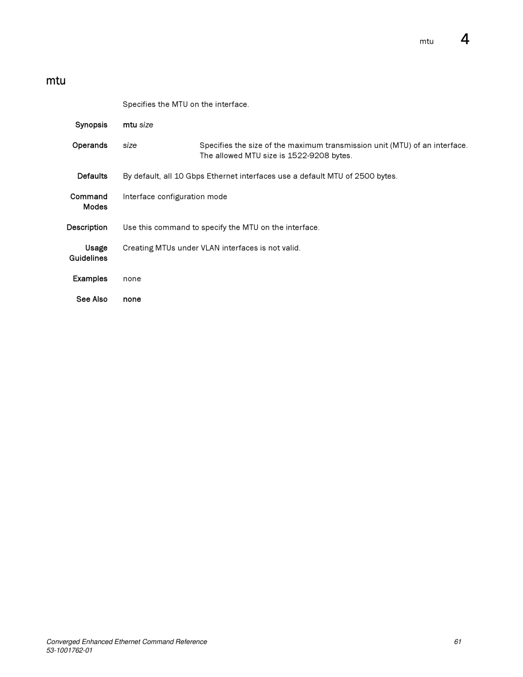 Brocade Communications Systems 53-1001762-01 manual Synopsis Mtu size Operands, Size 