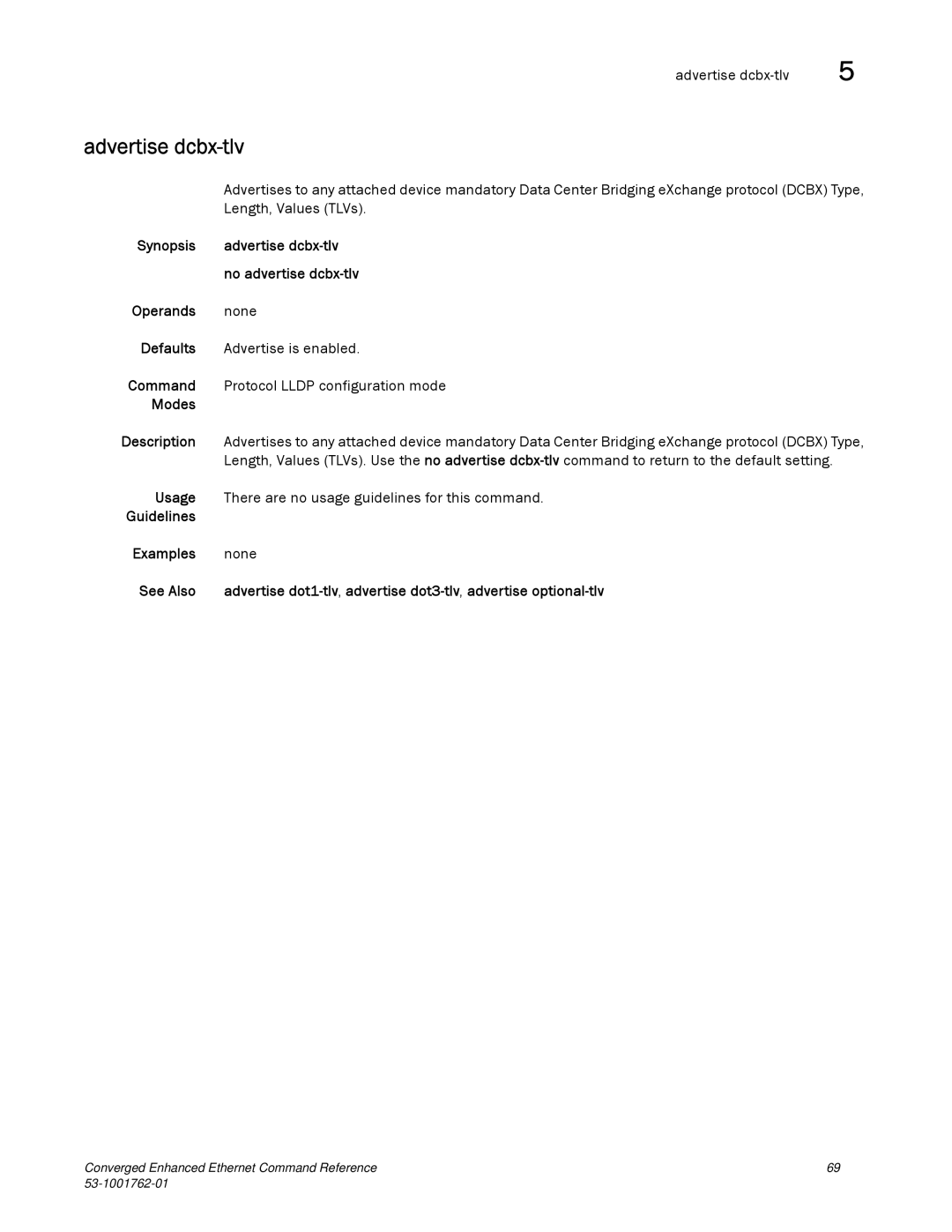 Brocade Communications Systems 53-1001762-01 manual Advertise dcbx-tlv, Length, Values TLVs 