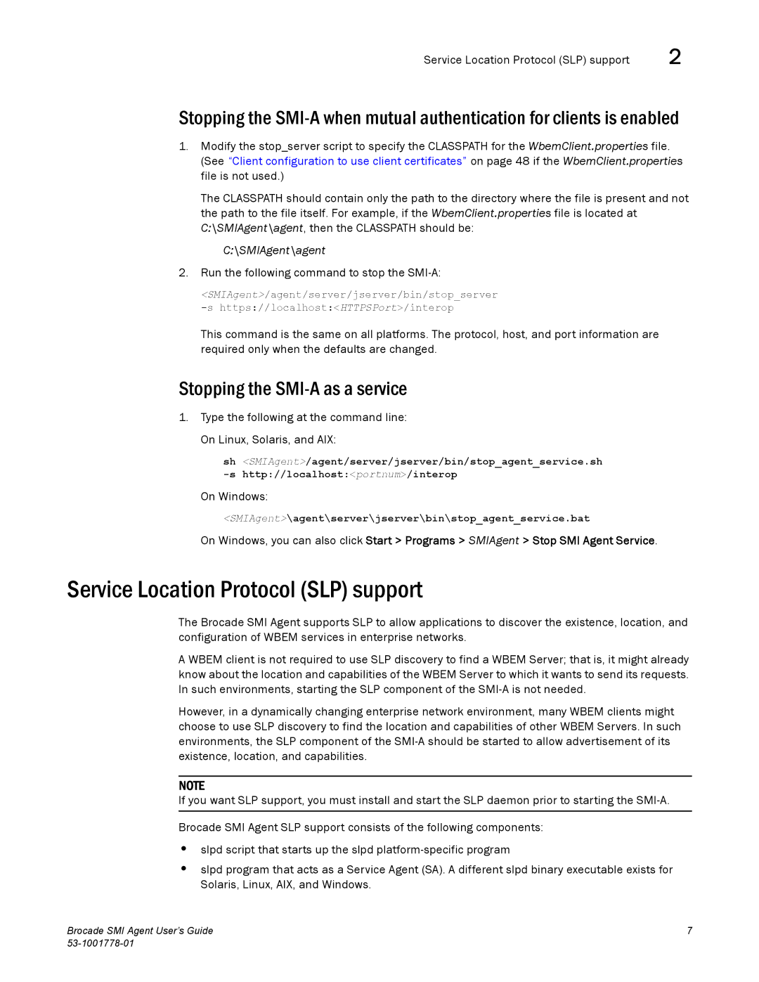 Brocade Communications Systems 53-1001778-01 manual Service Location Protocol SLP support, Stopping the SMI-A as a service 