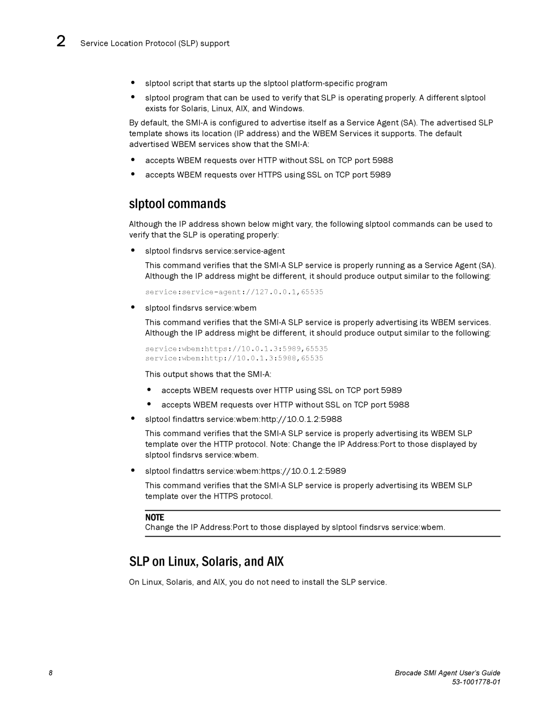 Brocade Communications Systems 53-1001778-01 manual Slptool commands, SLP on Linux, Solaris, and AIX 