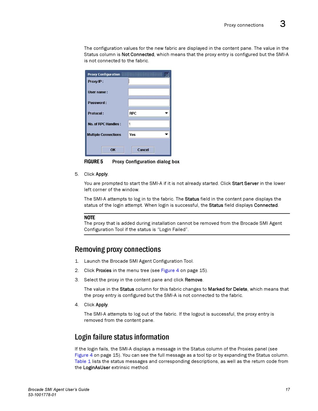 Brocade Communications Systems 53-1001778-01 manual Removing proxy connections, Login failure status information 