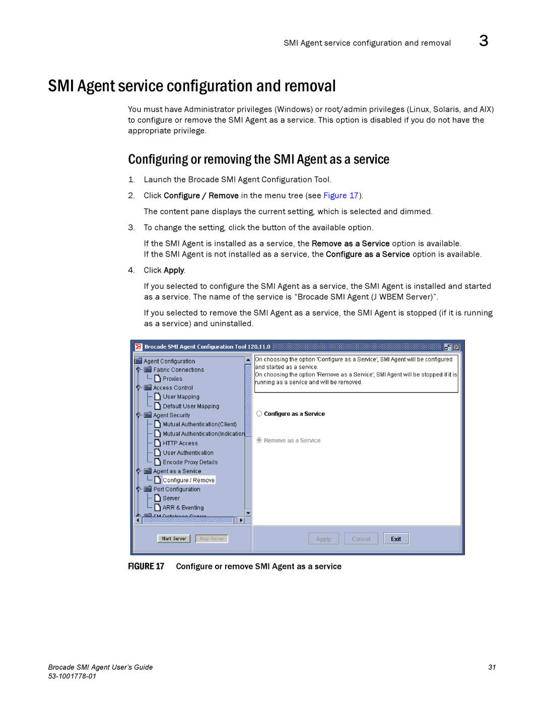 Brocade Communications Systems 53-1001778-01 manual SMI Agent service configuration and removal 