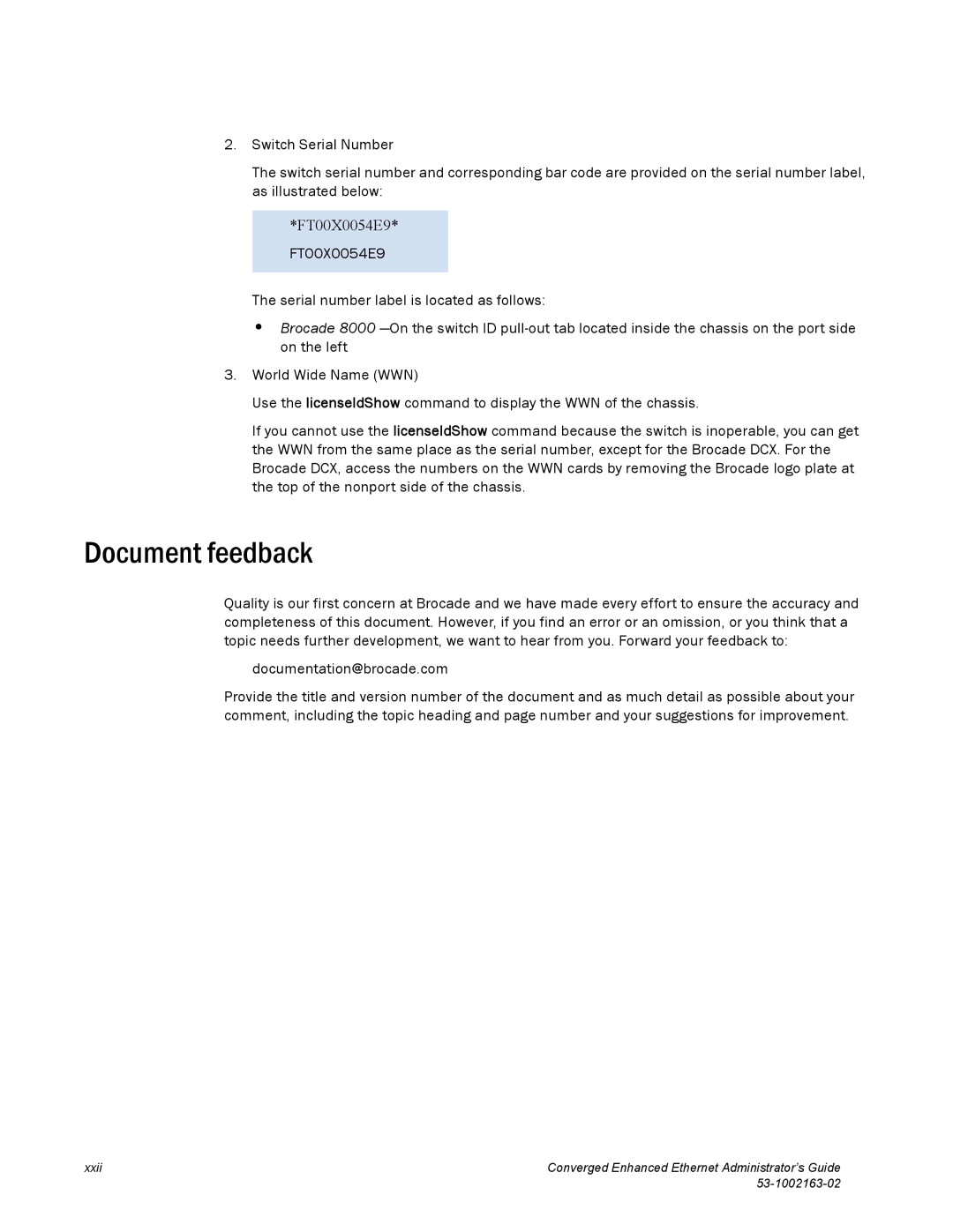 Brocade Communications Systems 53-1002163-02 manual Document feedback, FT00X0054E9 