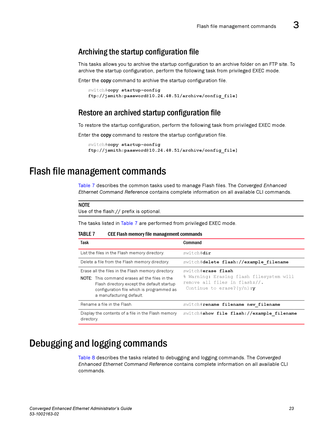 Brocade Communications Systems 53-1002163-02 manual Flash file management commands, Debugging and logging commands 