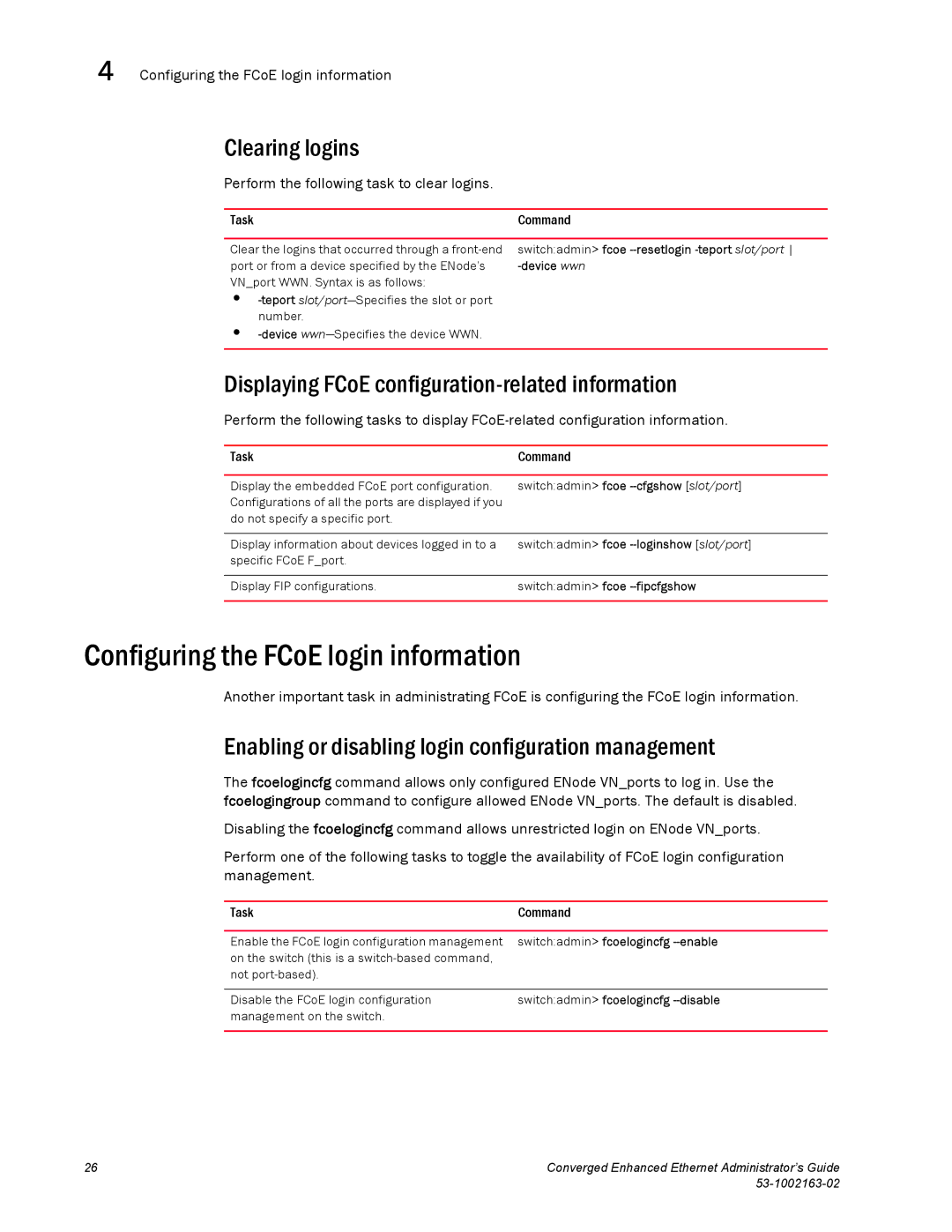 Brocade Communications Systems 53-1002163-02 manual Configuring the FCoE login information, Clearing logins 