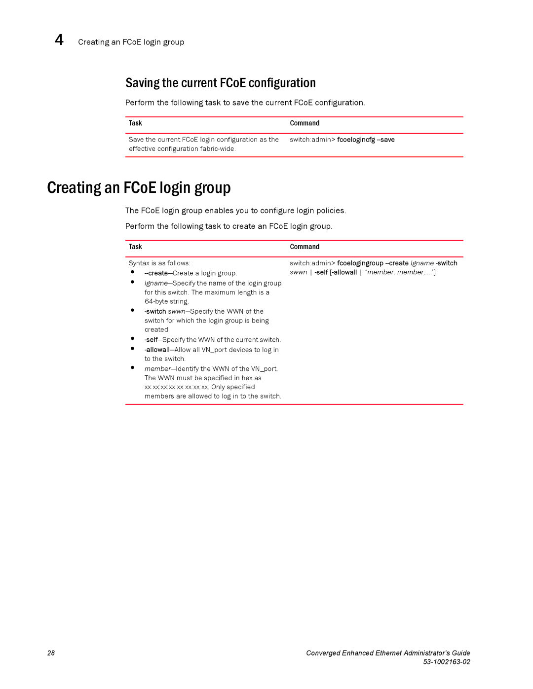 Brocade Communications Systems 53-1002163-02 manual Creating an FCoE login group, Saving the current FCoE configuration 