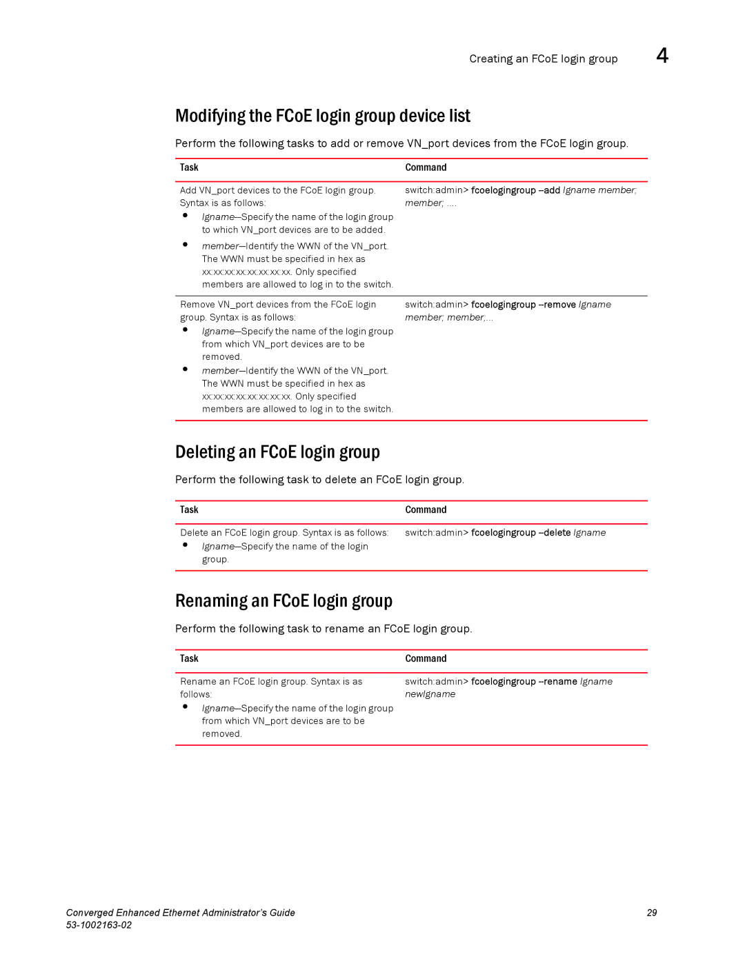 Brocade Communications Systems 53-1002163-02 Modifying the FCoE login group device list, Deleting an FCoE login group 