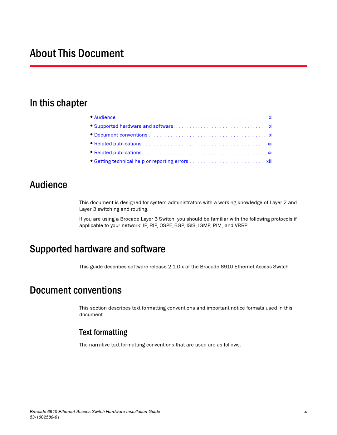 Brocade Communications Systems 53-1002580-01 About This Document, This chapter, Audience, Supported hardware and software 