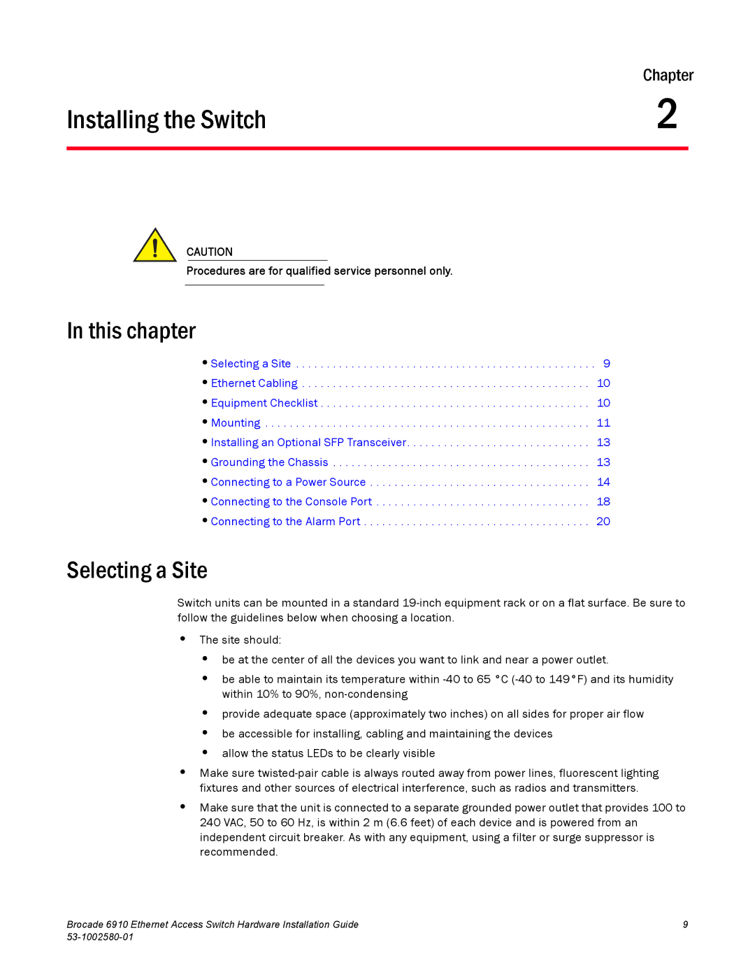 Brocade Communications Systems 53-1002580-01 manual Installing the Switch, Selecting a Site 