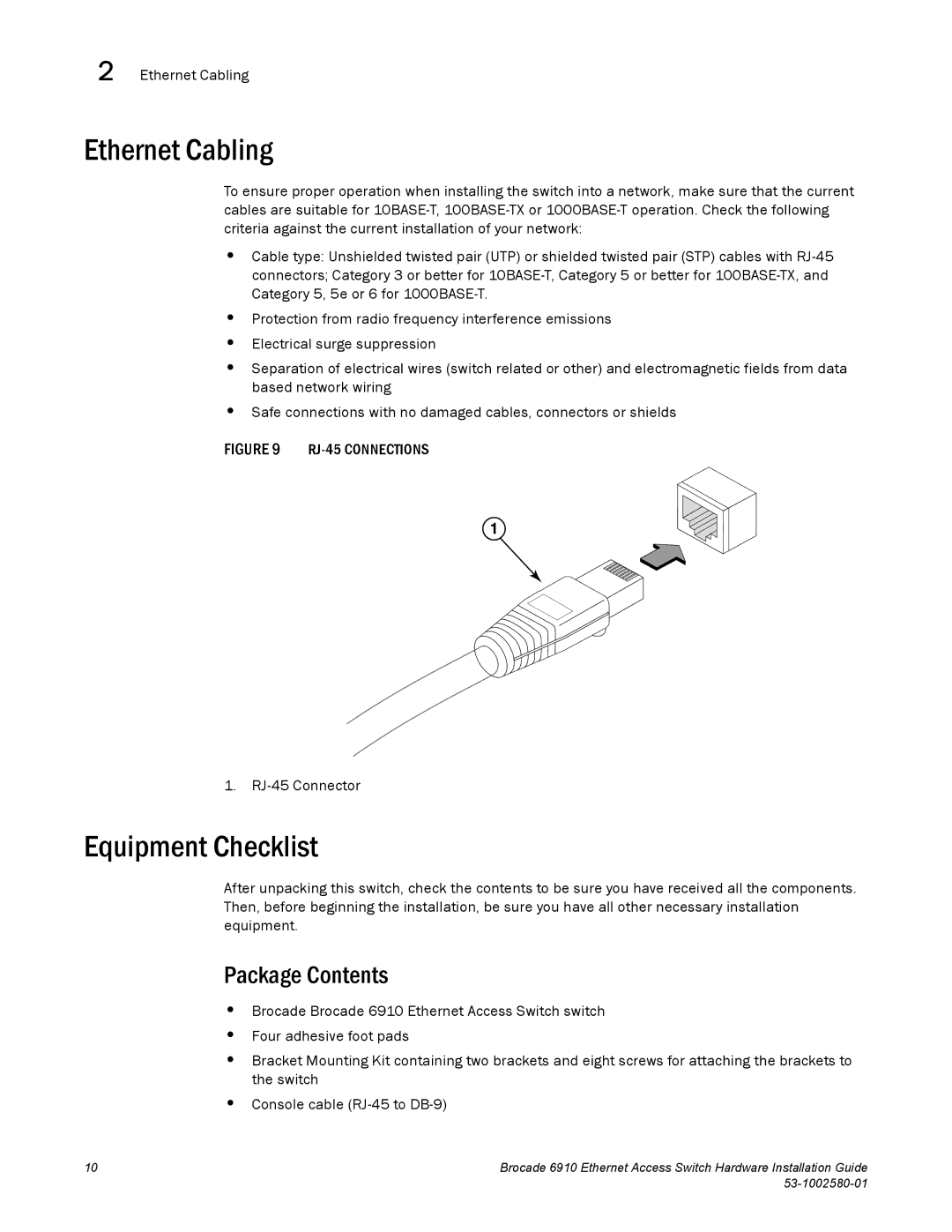 Brocade Communications Systems 53-1002580-01 manual Ethernet Cabling, Equipment Checklist, Package Contents 