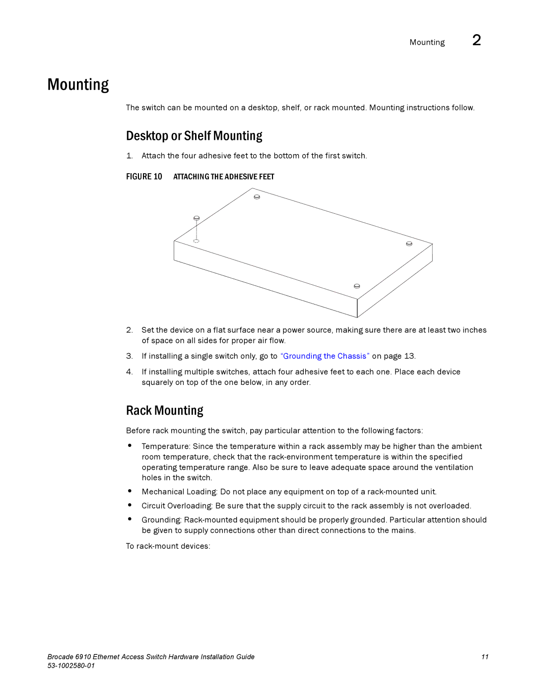 Brocade Communications Systems 53-1002580-01 manual Desktop or Shelf Mounting, Rack Mounting 